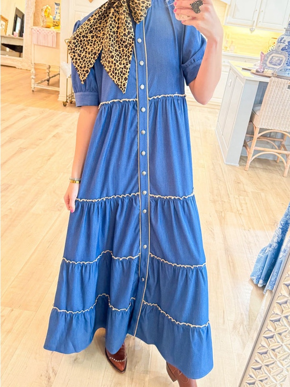 Denim Tiered Button-Front Maxi Dress with Short Puff Sleeves